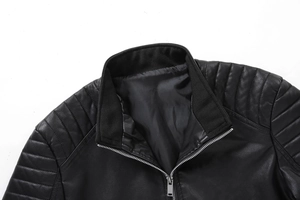 Premium black leather motorcycle jacket with stand collar and quilted shoulder details