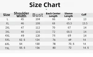 Detailed size chart for men's PU leather jacket ranging from size L to 7XL with measurements