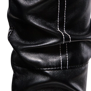 Detail of premium black PU leather jacket with white contrast double stitching