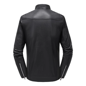 Men's premium black leather motorcycle jacket featuring a quilted back and stand collar