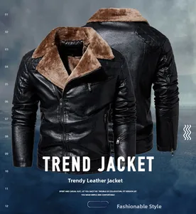 Close-up of men's black PU leather jacket featuring a warm brown faux fur collar detail