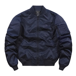 Classic dark blue MA1 bomber jacket with ribbed collar and functional sleeve pocket