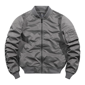 Classic dark grey MA-1 flight jacket with ribbed collar and utility sleeve pocket