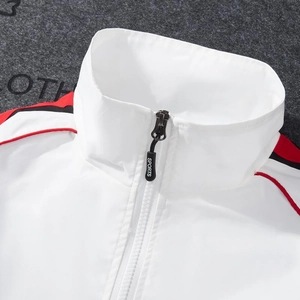 Men's sport jacket with stand collar and red-black stripes on white windbreaker