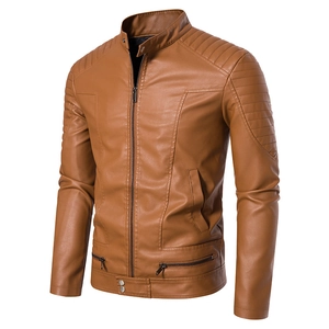 Men's caramel brown PU leather jacket featuring a stand collar and quilted shoulder details