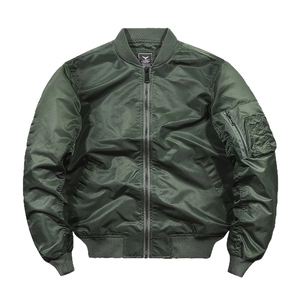 Classic olive green MA1 flight jacket with ribbed collar and utility sleeve pocket