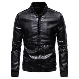 Men's PU Leather Jacket Contrast Stitching Bomber Baseball Collar Slim Fit Autumn Casual Outerwear Zip Up Coat For Men