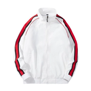 Men's sporty white stand collar jacket featuring red and black side stripes and elastic hems
