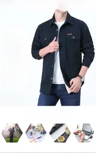 Detail of men's blue fleece lined warm shirt jacket with matte windproof fabric texture