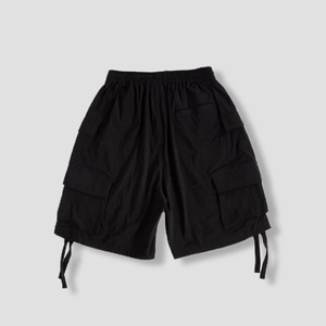 Japanese retro multi-pocket cargo shorts in black with drawstring waist and hem for men