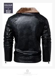 Rear view of black PU leather jacket with brown fur collar and quilted shoulder details