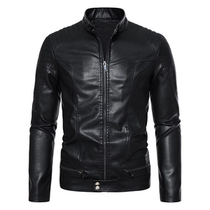 Men's black PU leather baseball jacket with quilted shoulders and stand-up collar design