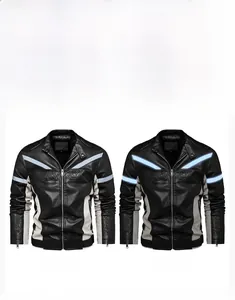 Detail of men's PU biker jacket showing high-visibility reflective strips in dark conditions