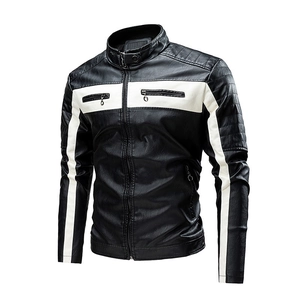 Men's Motorcycle PU Leather Jacket Stand Collar Color Block Biker Coat Windproof Fashion Outerwear Racing Style Clothing For Men