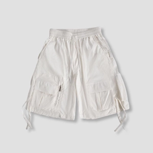 White cargo shorts with elastic drawstring waist and tactical side pockets for men