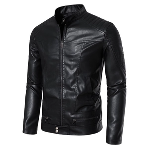 Mens black PU leather racing jacket with stand collar and quilted shoulder details
