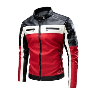 Men's motor biker leather jacket with red, white and black patchwork and stand collar