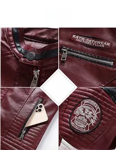 Detailansicht der burgunderroten PU-Motorradjacke mit Reißverschluss und Stickerei