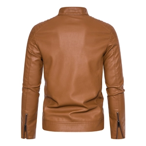 Men's retro brown motorcycle faux leather jacket with quilted shoulders and back view