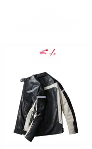 Detail of faux leather motorcycle jacket featuring reflective stripes and colorblock design