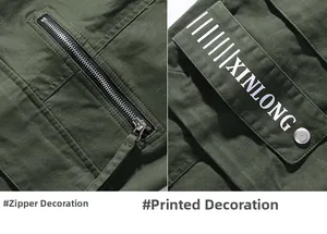 Detail of military green cargo pants featuring a metal zipper pocket and printed flap pocket