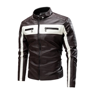 Men's dark coffee biker leather jacket with white contrast stripes and stand collar