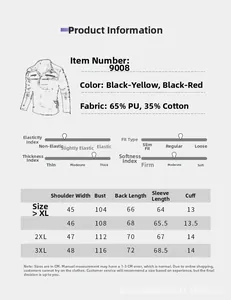 Tableau des tailles et détails du tissu pour veste de moto homme en similicuir