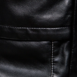 Men's slim fit black PU leather jacket with premium litchi texture and white stitching