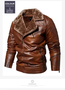 Detail of coffee brown faux leather jacket with faux fur collar and quilted shoulder