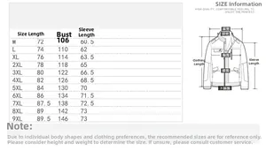 Detailed size chart for men fleece shirt showing measurements from M to 9XL with diagram