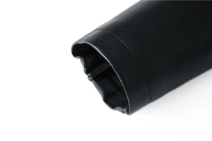 Close-up detail showing the fine stitching and matte leather texture of the black jacket cuff