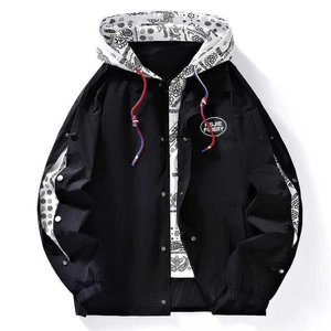 Men's black hooded baseball jacket with paisley patchwork and snap button closure