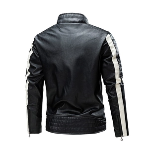 Men's black biker leather jacket with white sleeve stripes, back view detail