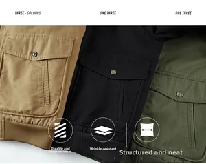 Detail of cargo jacket showing twill fabric texture with large flap pockets and buttons