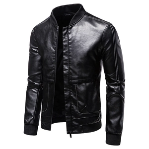 Men's slim fit black PU leather bomber jacket with white contrast stitching details