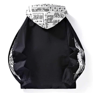 Men's street style baseball jacket with paisley print hood and black patchwork design