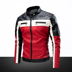Men's tri-color patchwork faux leather motorcycle jacket with quilted shoulder detail