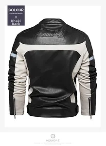 Detail view of khaki faux leather biker jacket back featuring embossed text and zippers