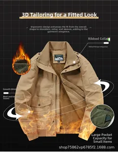 Detail of khaki cargo jacket featuring plush fleece lining and ribbed stand collar