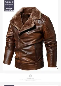 Close-up of brown faux leather jacket with wool collar and quilted shoulder stitching