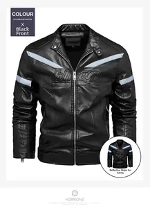 Detail of black PU leather motorcycle jacket with reflective V-strips and Speed text