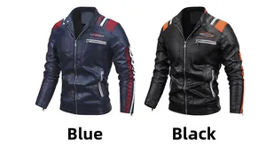Detail von Motorradjacken aus PU-Leder mit Stehkragen und kontrastierenden Rennstreifen