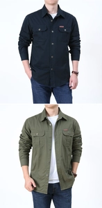 Detail of cargo-style shirts with double breast pockets and leather brand tag accent