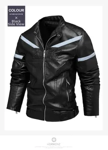 Detail of black PU leather motorcycle jacket with grey stripes and embossed lettering