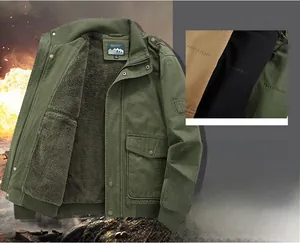 Detail view of military green flight jacket featuring thick fleece lining and button pockets
