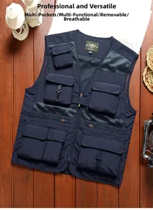 Detail of dark blue tactical vest showing multiple utility pockets and mesh panels