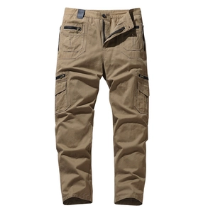 Men's khaki tactical cargo pants in cotton twill featuring multi-pocket utility design