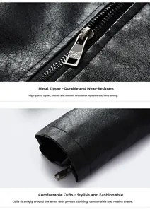 Detail view of premium black leather jacket showing metal zipper and cuff stitching
