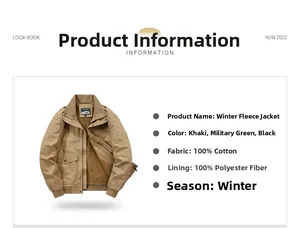 Detail view of khaki winter jacket with fleece lining and 100% cotton fabric specs
