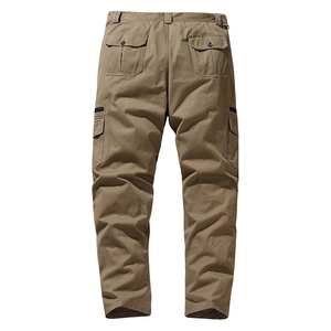 Men's loose straight multi-pocket cargo pants in dark khaki cotton twill fabric